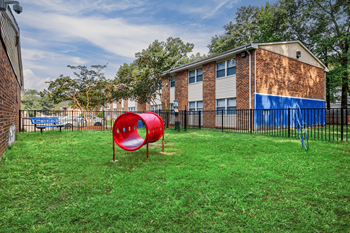 our apartments have a fenced in yard with a frisbee in the grass